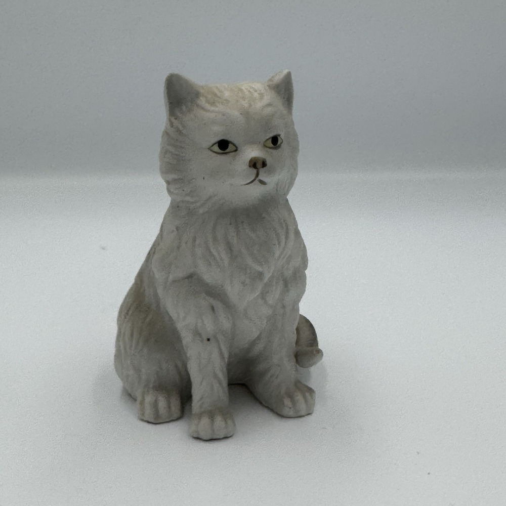 Vintage Cat Figure Ceramic White Black Tail‎